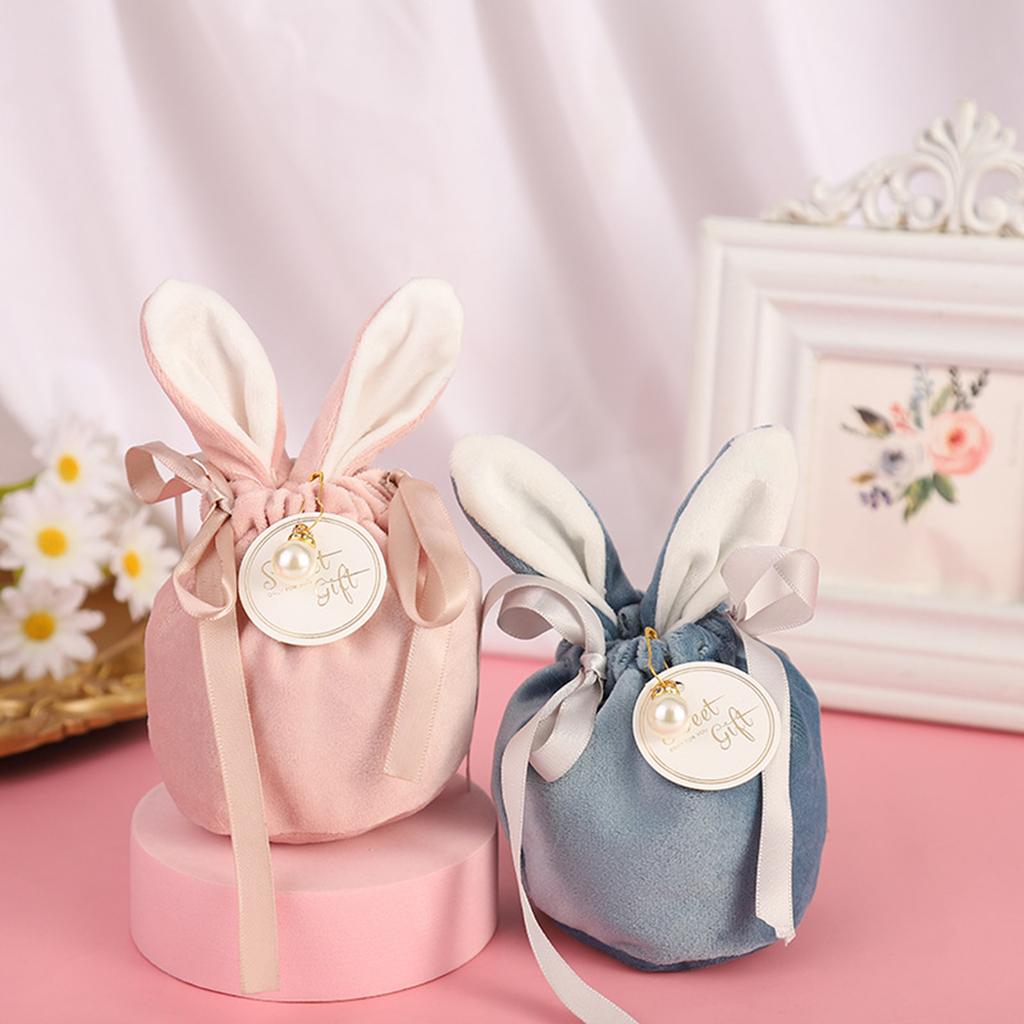 Flannel Bunny Ear Gift Bag Rabbit Ear Wedding Candy Bag with Card Pearl Drawstring Design Soft for Wedding Birthday
