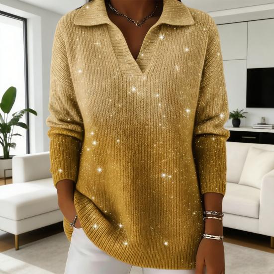 Women Sweater Lapel Long Sleeve Shimmering Sequin Detail Gradient Design Loose Fit Knitting Tops Loose Fit Winter Knitwear
