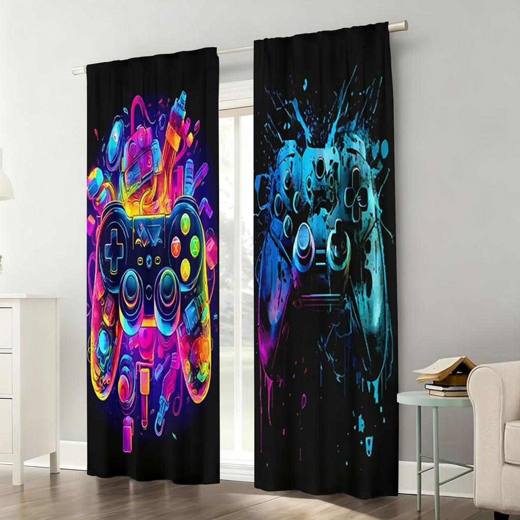 2PC Neon Graffiti Gaming Controller Curtains - Vibrant Abstract Print Window Drapes for Boys Bedroom Game Room Decor