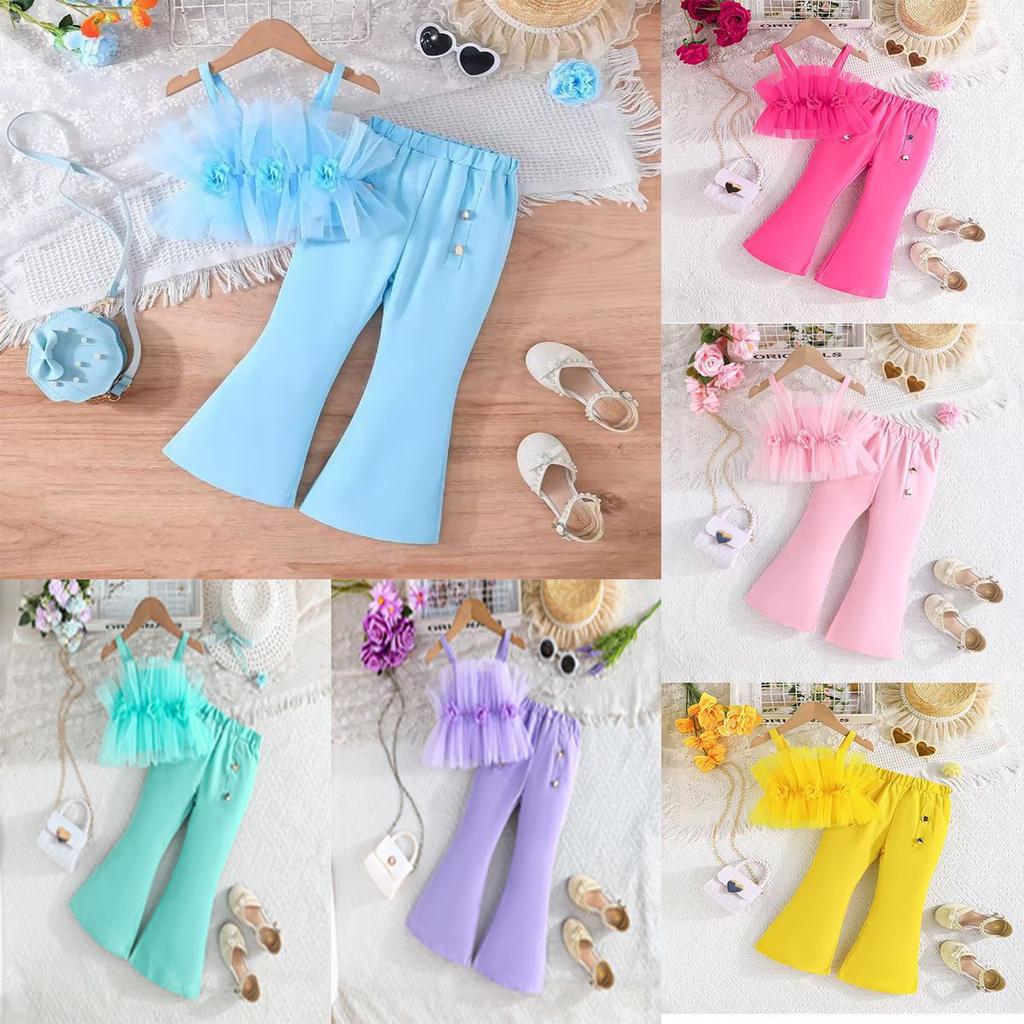 Girls' Fashion Set: Summer Children's Solid-Color Tank Top with Tulle + Flared Pants Set