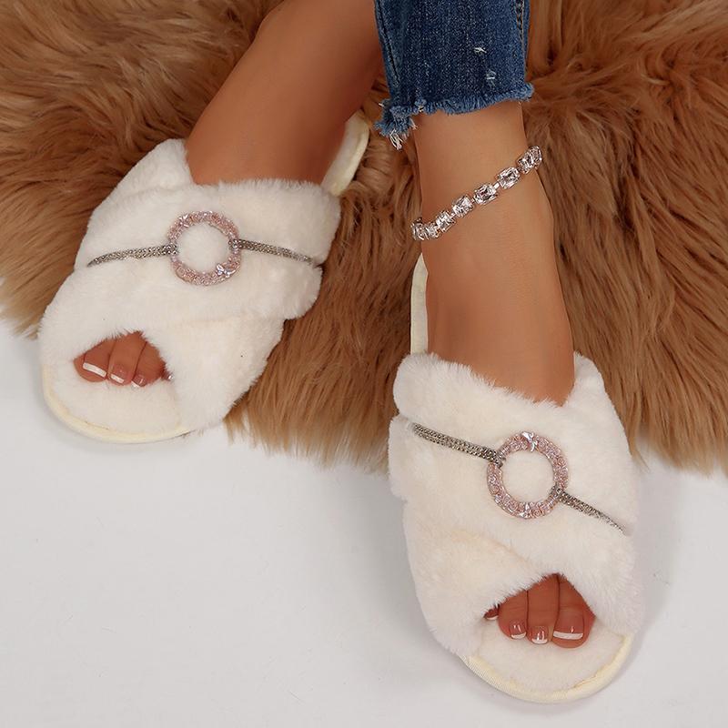 Fashion Fashion Cross Strap Plush Slippers Women Metal Detor House Cotton Slippers Woman Winter 2025 Soft Anti Slip Plush Slides Female
