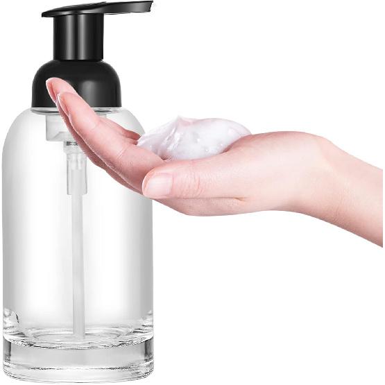 2 Pack Thick Clear Glass Jar Soap Dispenser with Foaming Pump, 13 Ounce Clear Round Bottles Dispenser with Foaming Pump (Black, 13oz)