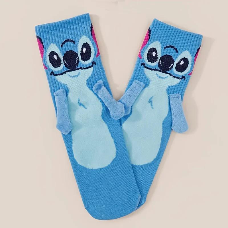 Anime Stitch Magnet Hand In Hand Socks Funny Soft Cotton Cartoon Creative Autumn And Winter Warm Mid-Calf Socks Christmas Gifts
