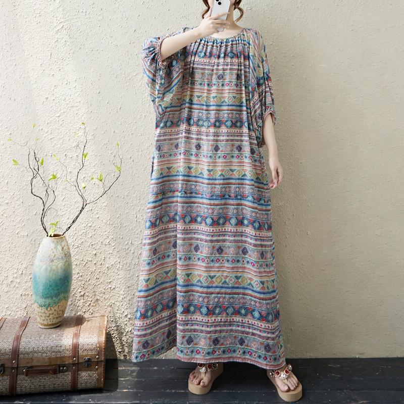 Krátký rukáv Plus size Bavlna vintage puntíkovaný květinový nový v šatech pro ženy ležérní volné maxi dlouhé letní šaty