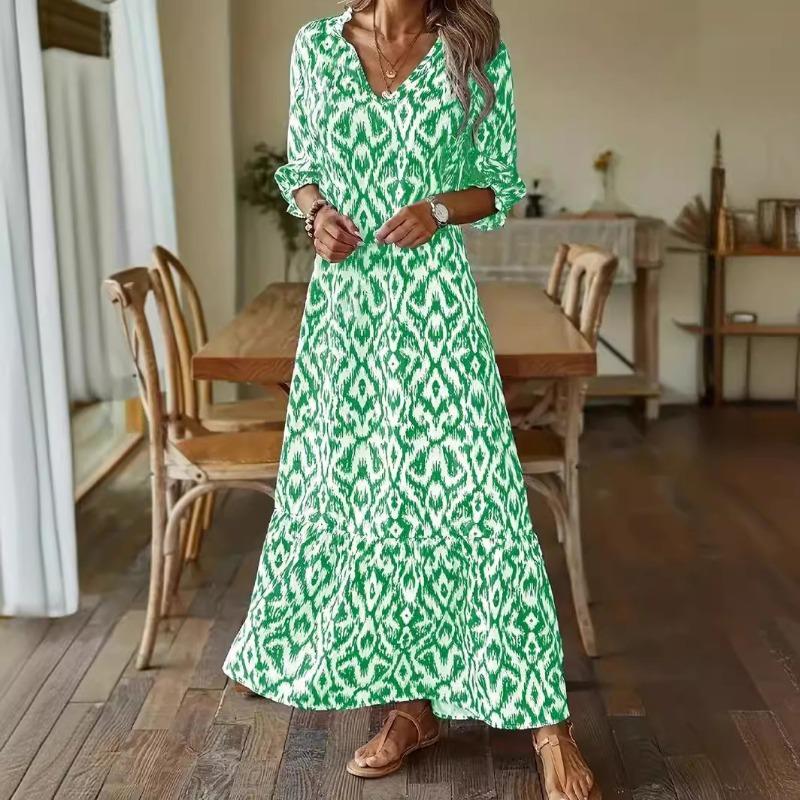 VEZFAA Women's Fashion Summer Spring 3/4 Sleeves V-Neck Loose Waistline Casual Dresses