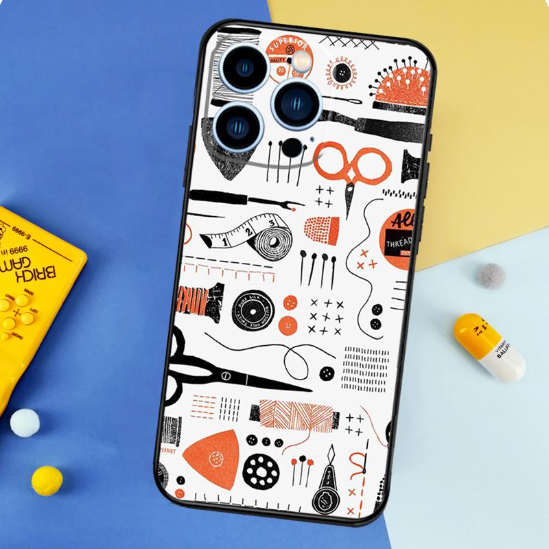Sewing Scissors Buttons Phone Case For iPhone 17 16 15 14 12 11 13 Pro Max Mini 15 16 Plus 16e 17 Air Bumper Cover