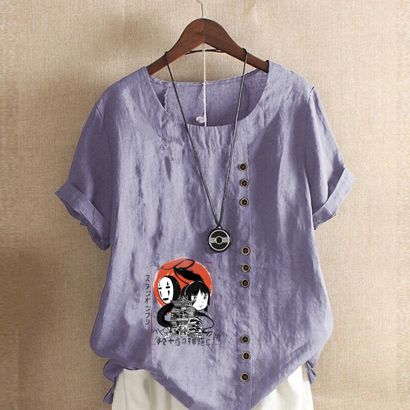 Damenmode Cartoon-Figuren Bedrucktes Kurzarm-T-Shirt Lockeres Baumwollhemd Lässige Lockere Sommerbluse Tops