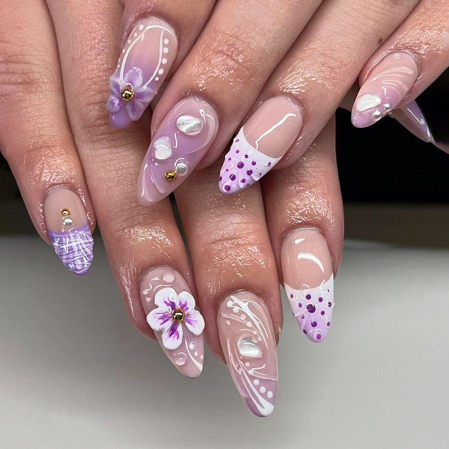 30-Piece Set: Handmade Almond Nails with 3D Flowers, Butterflies & Pearls