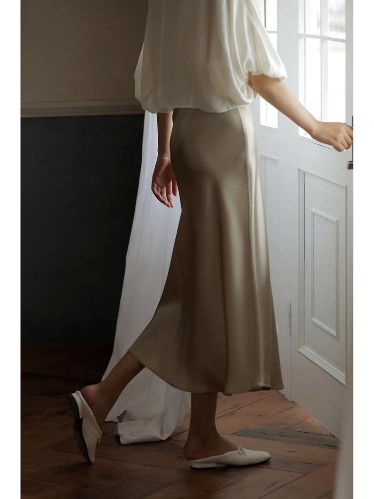 Comfort Memory Imported Acetate Satin A-Line Skirt with Silky Drape and Slimming Elastic Waist