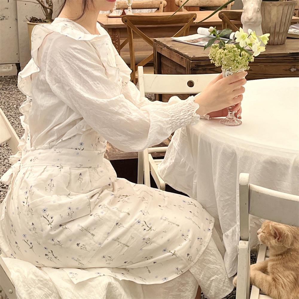 Cotton Linen Floral Sleeveless Apron With Ruffled Edge For Kitchen Cooking And Art Projects