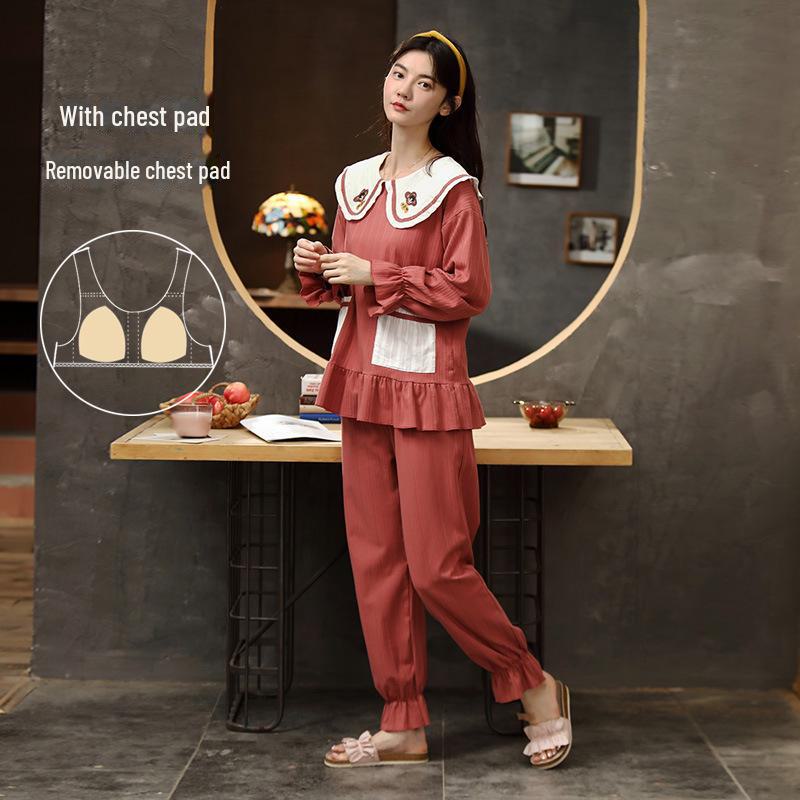 Women's Pure Cotton Long-Sleeve Pajama Set with Chest Pads - Large Size, Spring/Autumn 2025