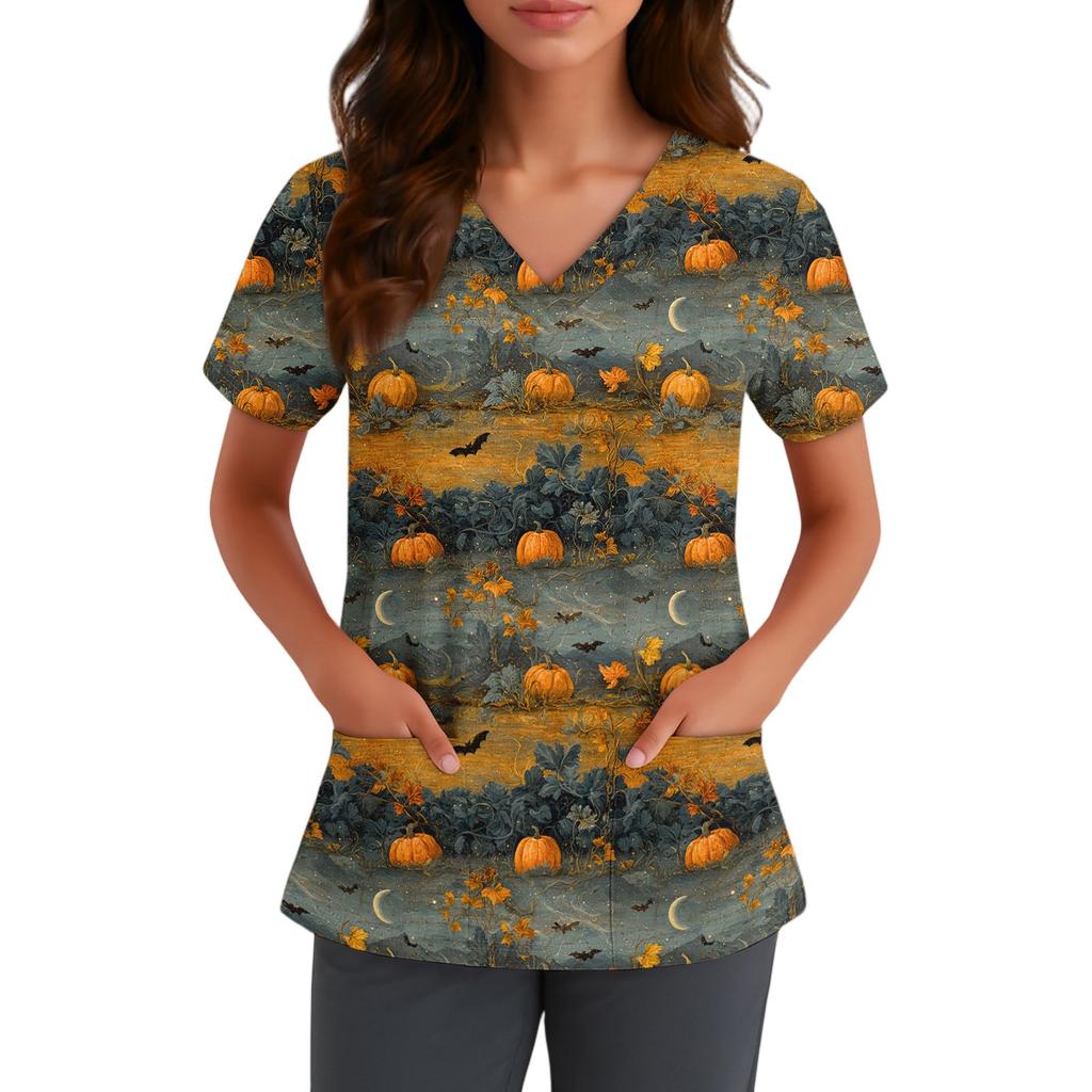 Women V Neck Short Sleeve Printed Top with Pockets Halloween Pattern Comfortable Fit for Healthcare Professionals