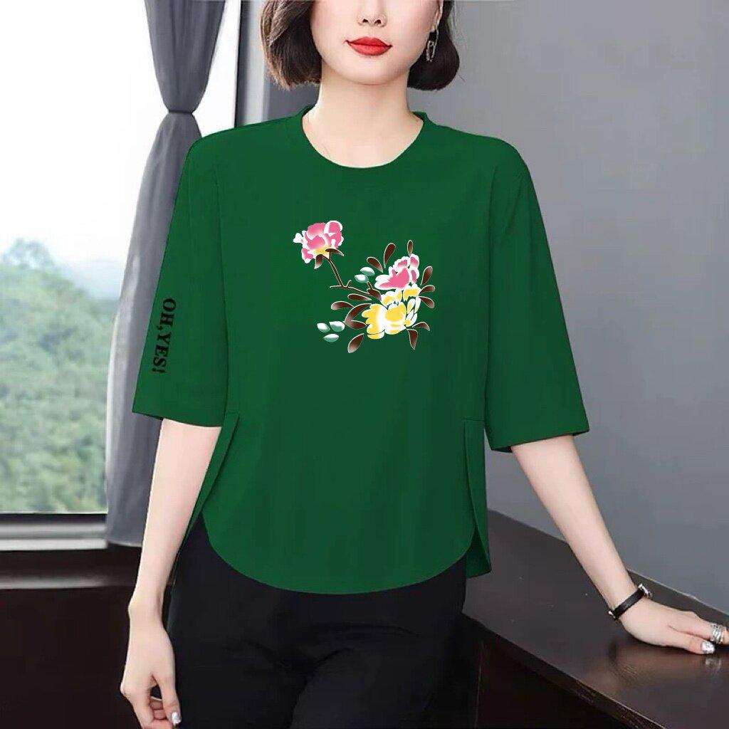 Elderly Women s Printed Seven-Sleeve T-Shirt: Slimming, Stylish & Age-Reducing M