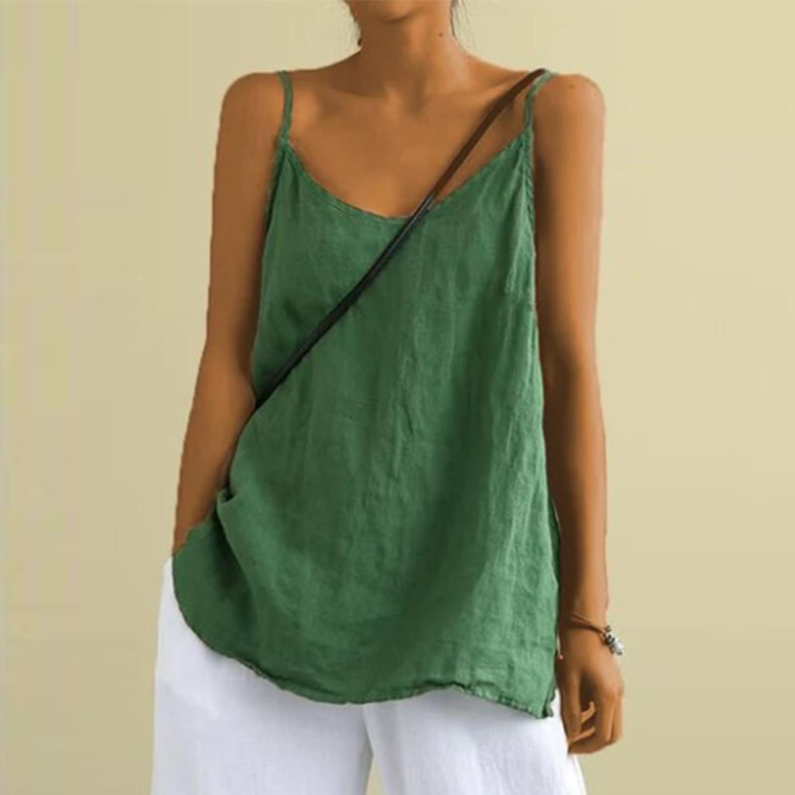 

Women s Fashion Loose Cotton Linen Sleeveless Base Strap Top L зелений