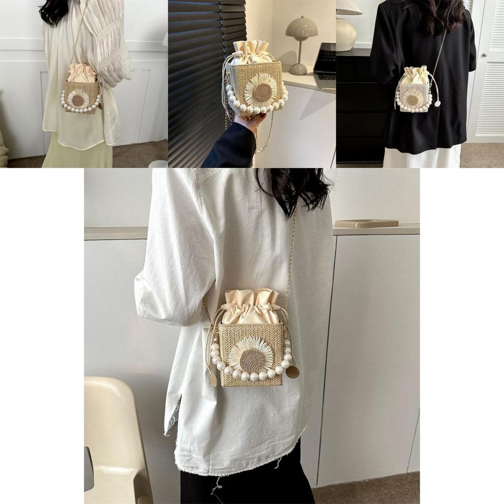 Stylish Woven Bucket Bag For Women Chic Shoulder Bag With Inner Pocket Beige Fashion Handbag