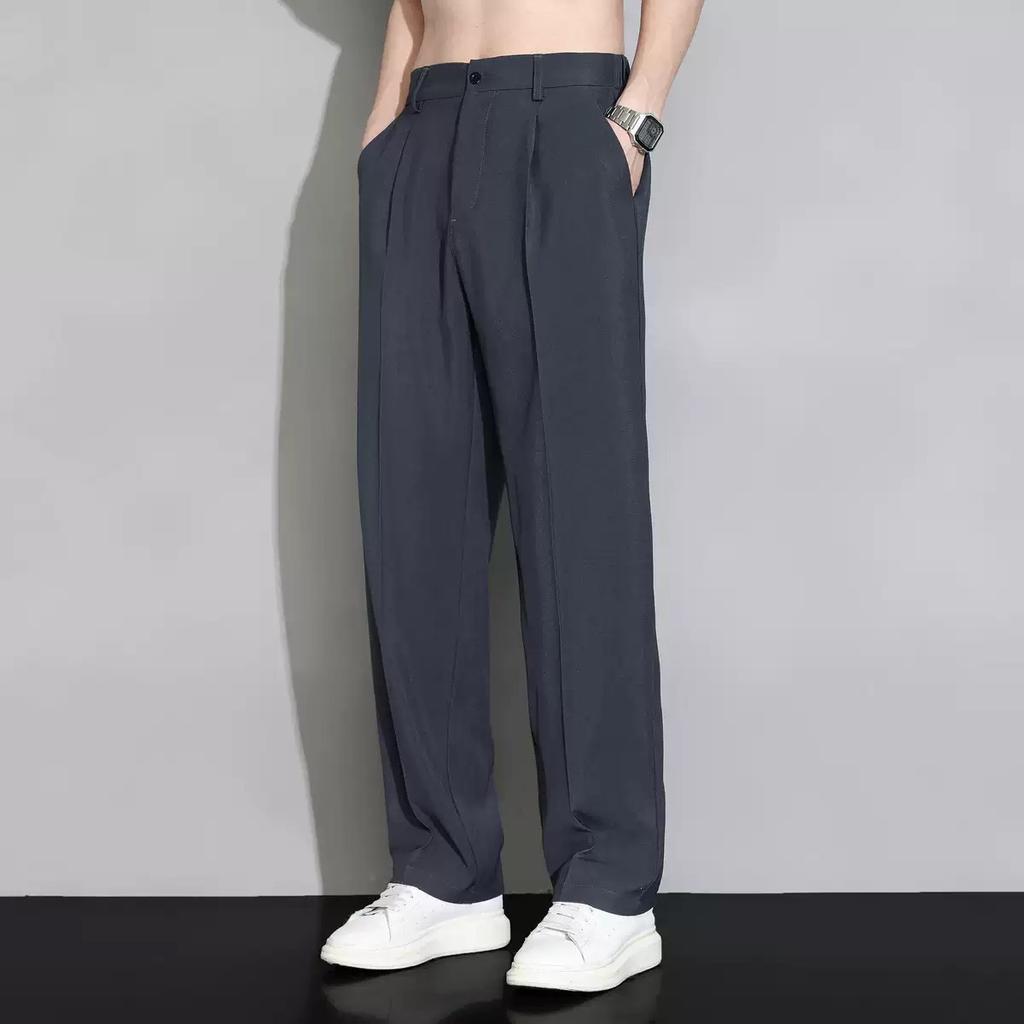 Summer Men's Pants Light&Thin Polyester Elastic Waist Semi-Wide Loose Slacks Drape Suit Pants Male Casual Trousers