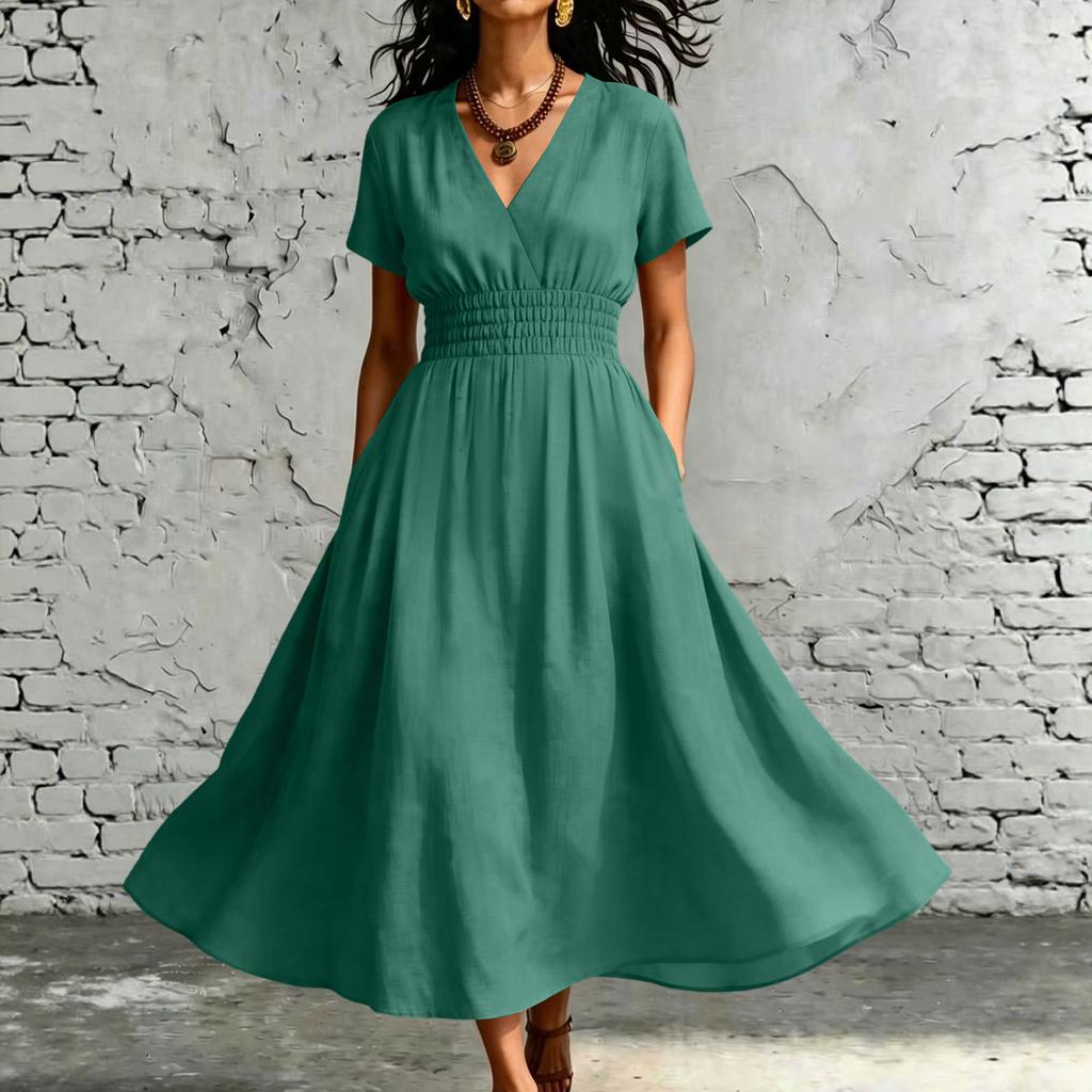 Womens V Neck Short Sleeve Elastic Waist Midi Dress with Pockets Solid A Line Casual Loose Fit Summer Dress for Daily Wear