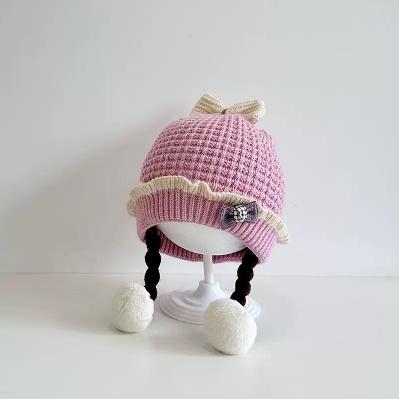 Baby Knit Hat Girls With Bow Braids Cartoon Design Soft Warm Beanie Infants 0-2 Years