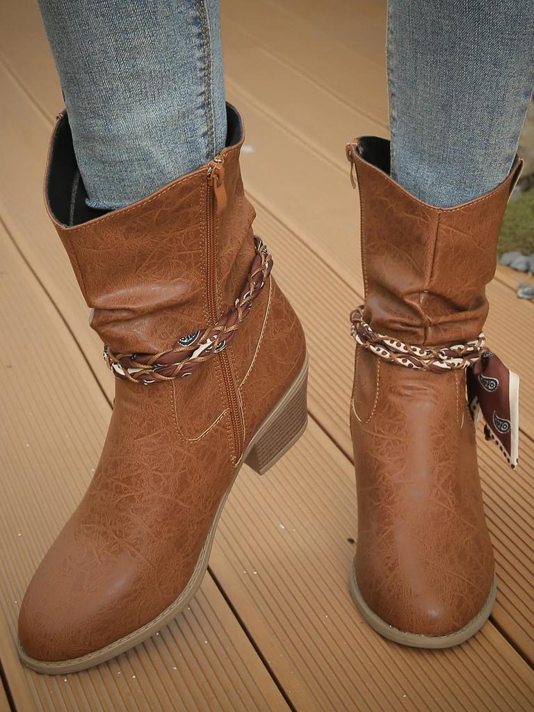 Women'S Western Boots Autumn And Winter Side Zipper High Heels Short Boots Retro Pointed Toe Chunky Heels Ankel Boots For Women