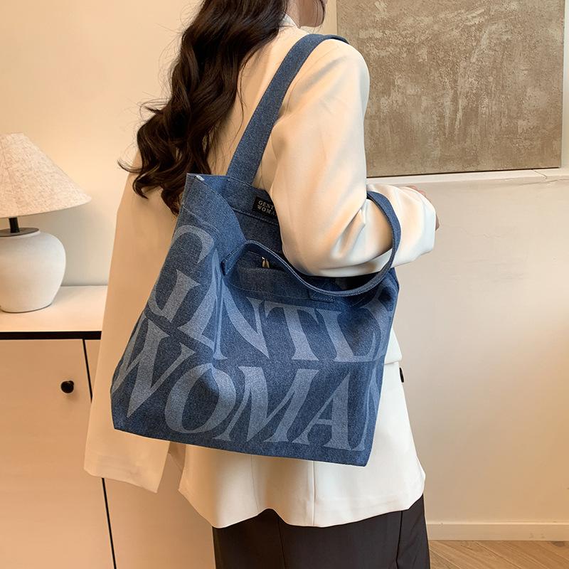 Fashion Trend Alphabet Printed Denim Bag 2025 Spring New Textured Casual Tote Bag Shoulder Bag