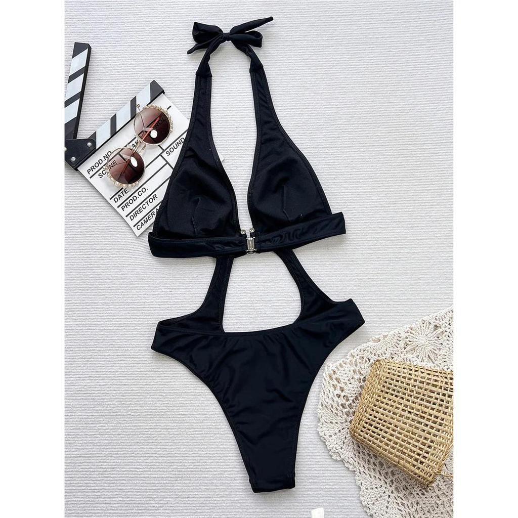 Sexy Tummy Cut Out Halter Backless One Piece Swimsuit Women Swimwear Female High Leg Cut Monokini Bather Bathing Suit Swim