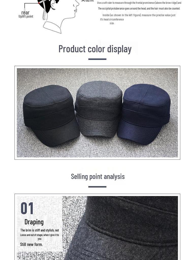 Męski zimowy wiatroodporny kapelusz z płaskim wierzchem z zapięciem z tyłu, rozmiar plus dla bardzo dużych obwodów głowy