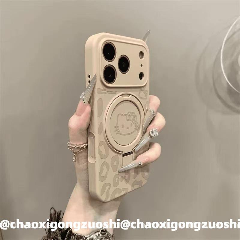 Ins Autumn and Winter Leopard Print KT Cat Liquid Silicone Bracket for iPhone17promax Apple 16 Mobile Phone Case 15