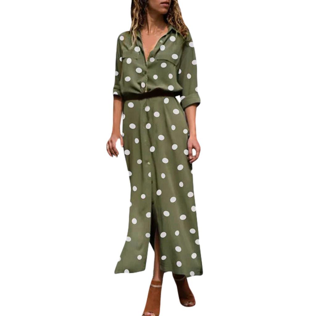 Women Summer Dot Print Long Sleeve Button Long Dress Party Beach Dress