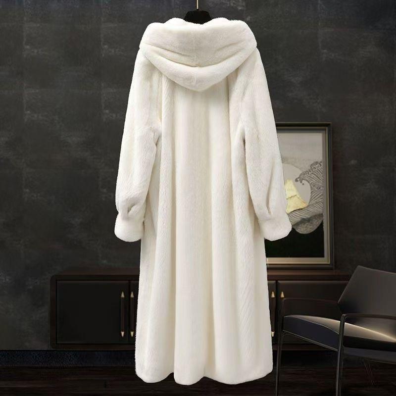 Women Faux Fur Coat Solid Hooded Long Fur Coat Fluffy Luxury Loose Casual Outerwear Winter