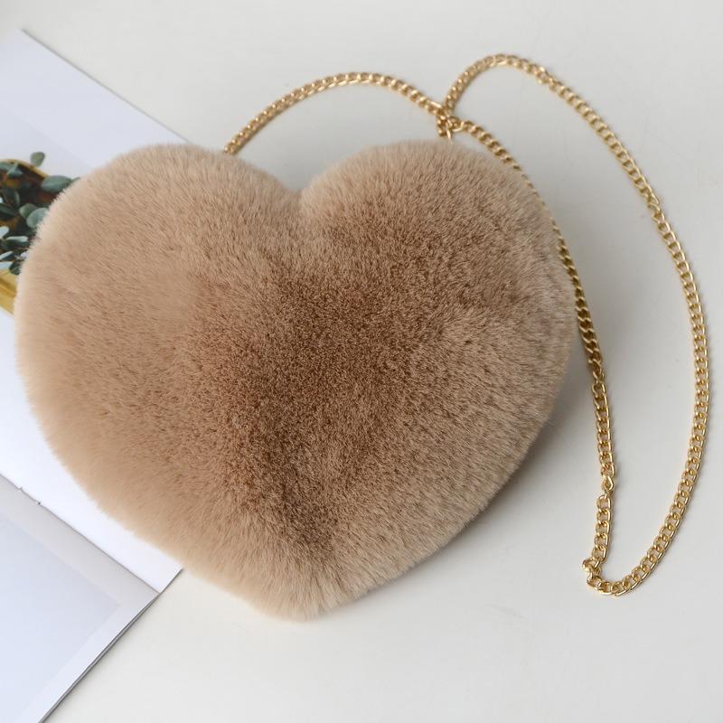 Cute Sweet Love Heart Shaped Women's Crossbody Bags Fashion Soft Plush Ladies One Shoulder Bag Comfortable Fluffy Solid Color Chain Female Handbags