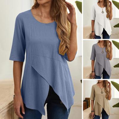 Women Tops Round Neck Half Sleeve Irregular Hem Pullover Tops Loose Fit Solid Color Casual T-shirt Daily Wear