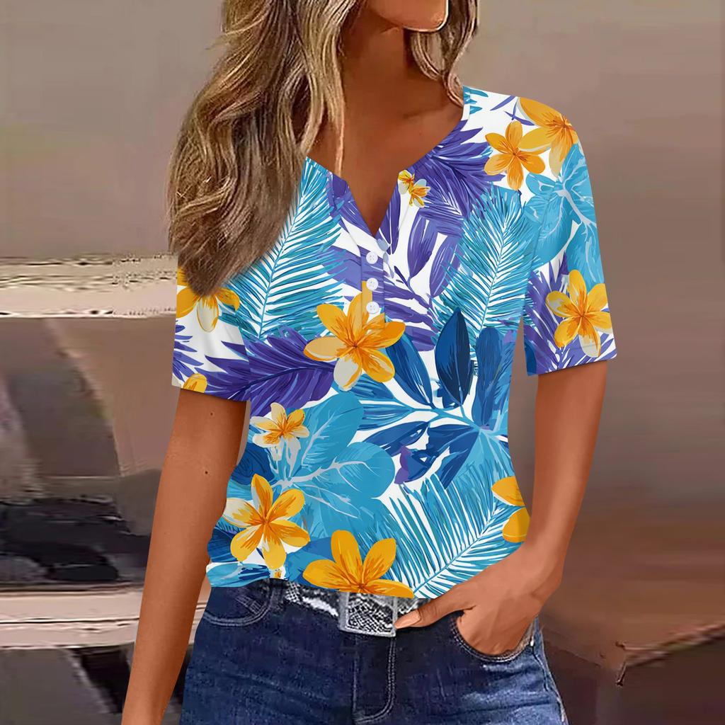 Women's fashionable casual Hawaiian print V-neck short-sleeved button-down T-shirt top