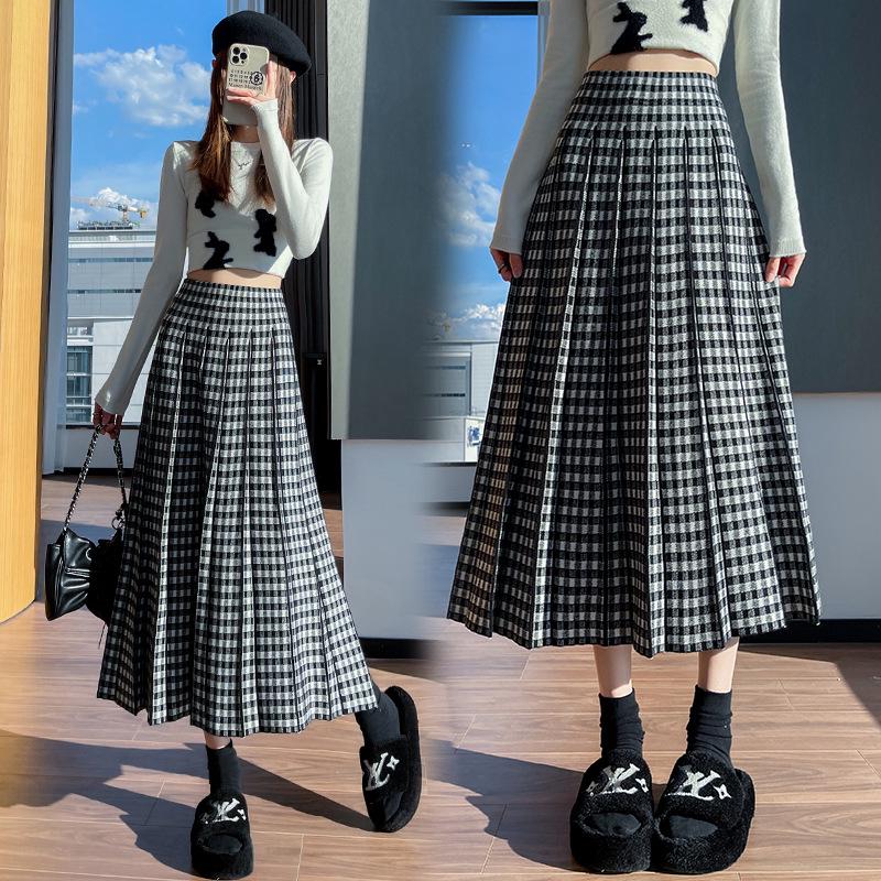 Women s High-Waisted Plaid Pleated Wool Midi Skirt - Fashionable, Slimming, A-Line Design Large
