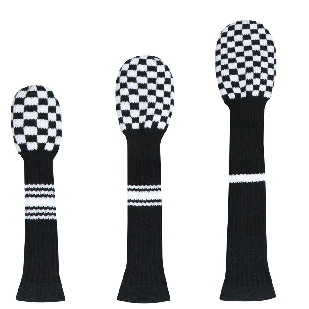 LeFeng Golf Club 3 Pieces Knitted Golf Club Covers 460cc for Driver Fairway Woods No Pom Poms for Hybrids White Covers, (Black Checkered)