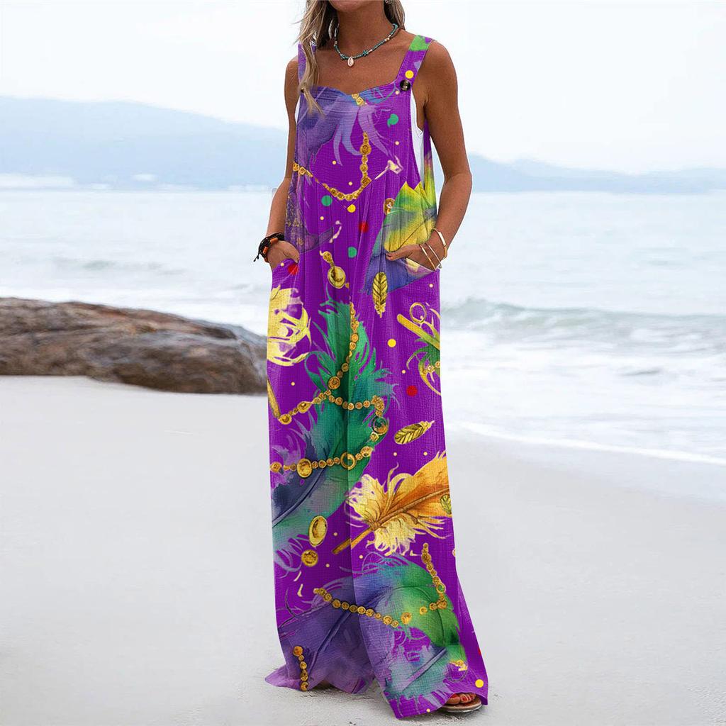 Wide Leg Overalls For Women Casual Loose Sleeveless Print Button Long Pant Romper Jumpsuit With Pockets