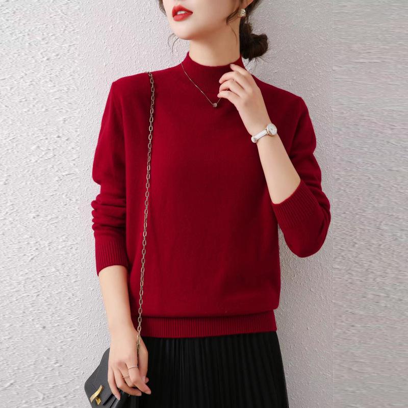 Women's Autumn/Winter Wool Sweater - Half-High Round Neck, Warm Knit Pullover, Ideal Base Layer