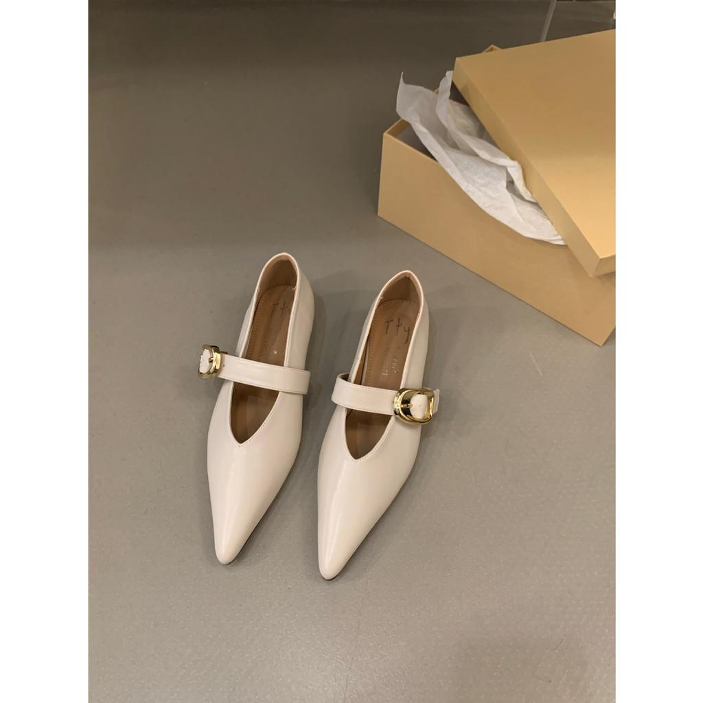 Zapatos Negros de Punta con Suela Plana para Mujer Zapatos de Verano Franceses de Tacón Bajo Temperamento Mary Jane Zapatos Pequeños de Cuero