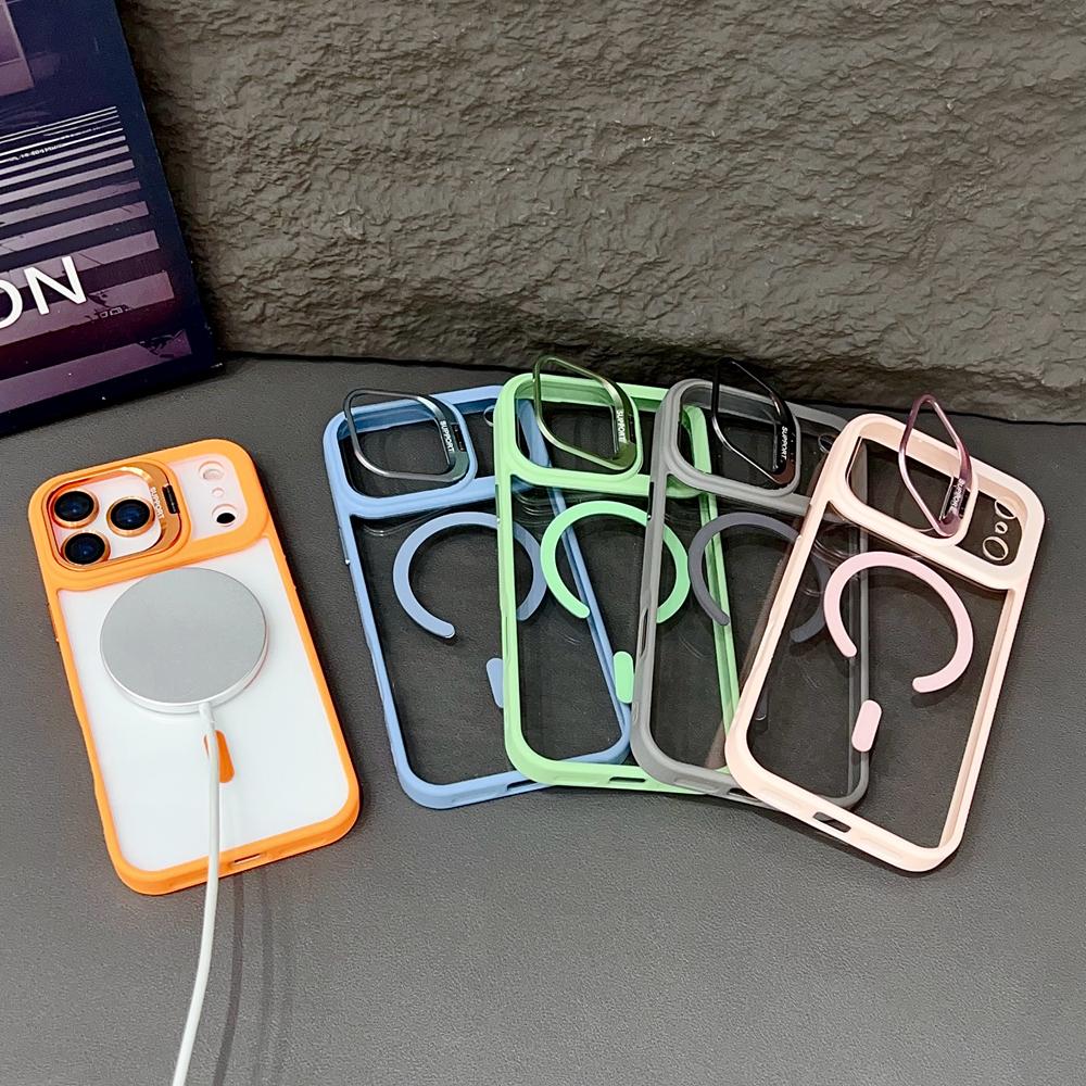 KEYSION Magnetic Transparent Phone Case for MagSafe for iPhone 17 Pro Max 17Air Metal Lens Stand Shockproof Lens Protector Cover