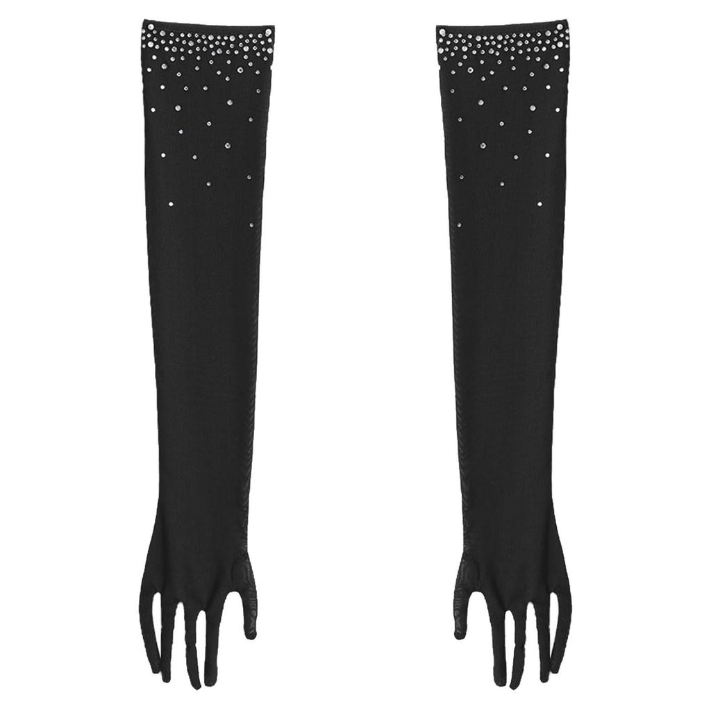 Girls Five Finger Mesh Gloves Glittery Rhinestones Design Full Length Latin Dance Performance Accessories