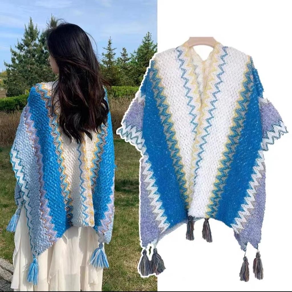 Ethnic style shawl Yunnan Lijiang West Sichuan travel wear Xinjiang Xizang knitted cape cape outside scarf women