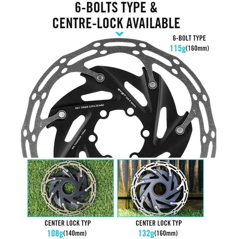 RYET Bicycle Brake Rotors 140mm/160mm 6-Bolts&Center-Lock MTB Rotors Road Bike Bicycle Disc Brake Rotors Bicycle Accessories
