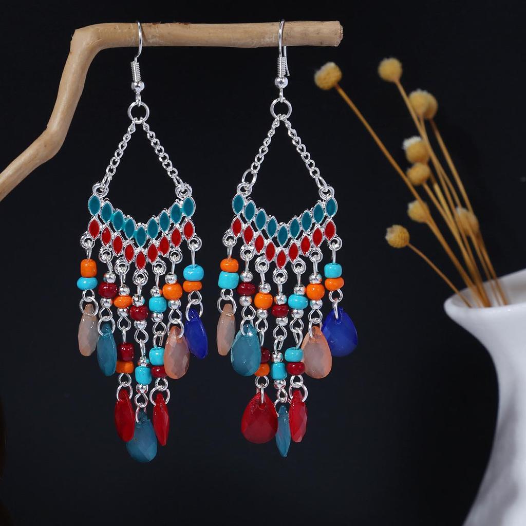Brincos Boêmios de Borla Gota de Água: Estilo Étnico Retrô com Miçangas de Arroz Coloridas para Mulheres