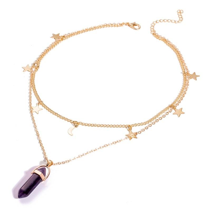 Boho-Schmuck, geometrischer Stein, Mond und Stern, mehrschichtige Anhänger-Halsketten, Halsbandkette für Frauen