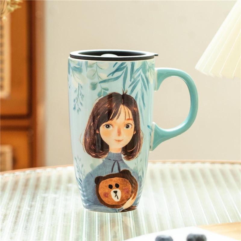 Large Capacity Ceramic Coffee Mug Travel Mug with Lid Latte Mugs With Handle Household Drinking Flower Tea Cup