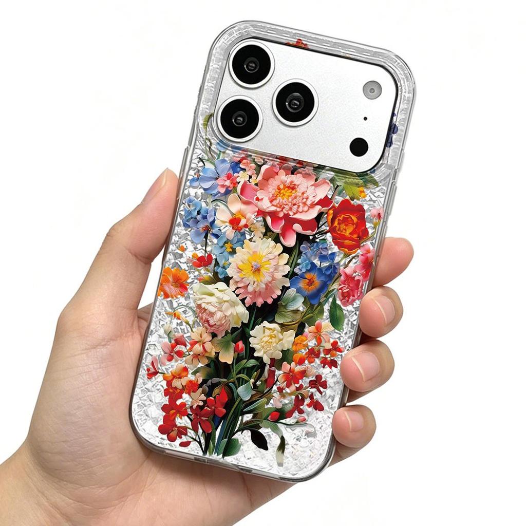 Case for iphone XR 12 Air XS Max 14 18 Pro Max 15 16 Plus 17 Pro 11 13 Silver Glitter Crackle Background Colorful Flowers