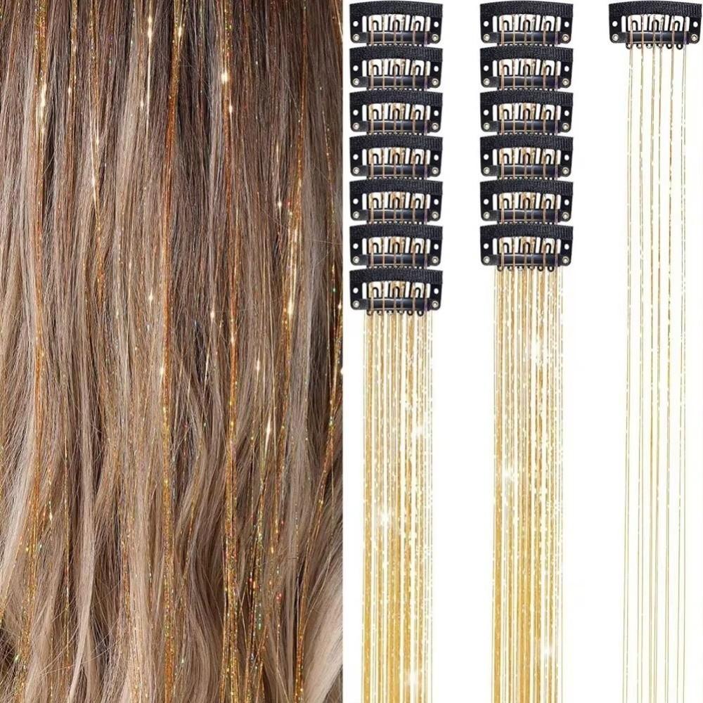 Highlights Clip Clip In Hair Extensions Colored Shiny Hair Highlights Synthetic Fairy Hair Wig Hairpieces Girls Hair Tinsel