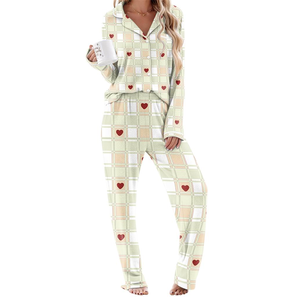 Women's Pajamas Fashion Print Long-Sleeve Button-Up Top Pocket Pants Home Casual Notched Collar V-Neck Two-Piece Set