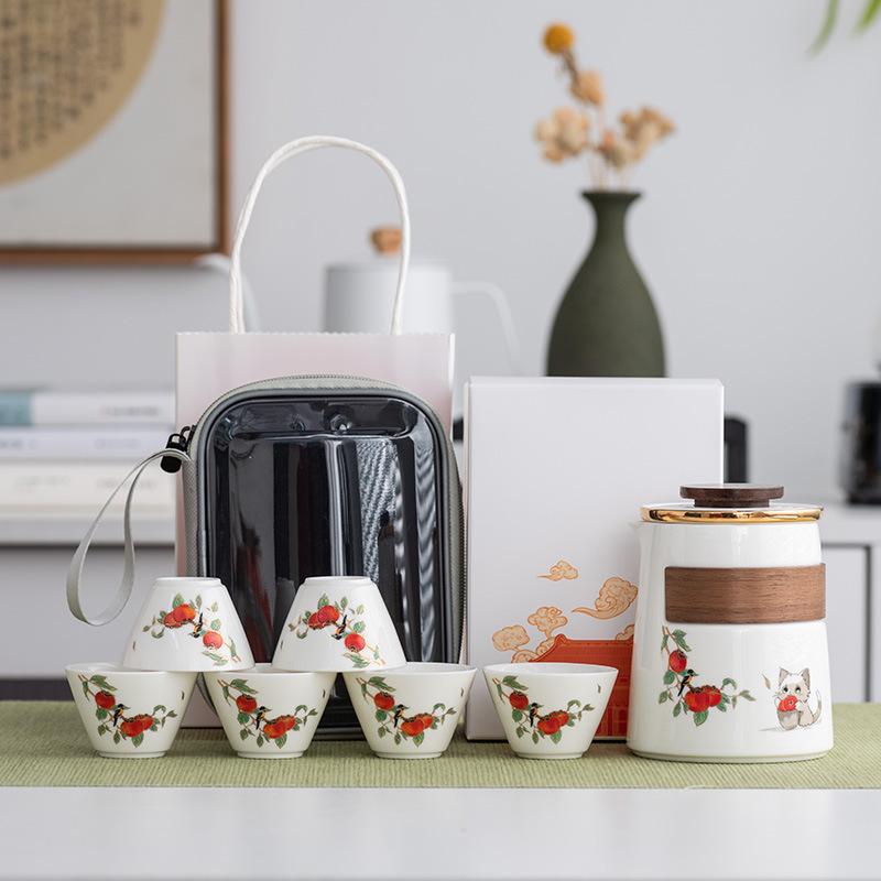 Persimmon Ruyi Suet Jade Kung Fu Travel Tea Set Outdoor Portable Set Gift Box Business Gifts