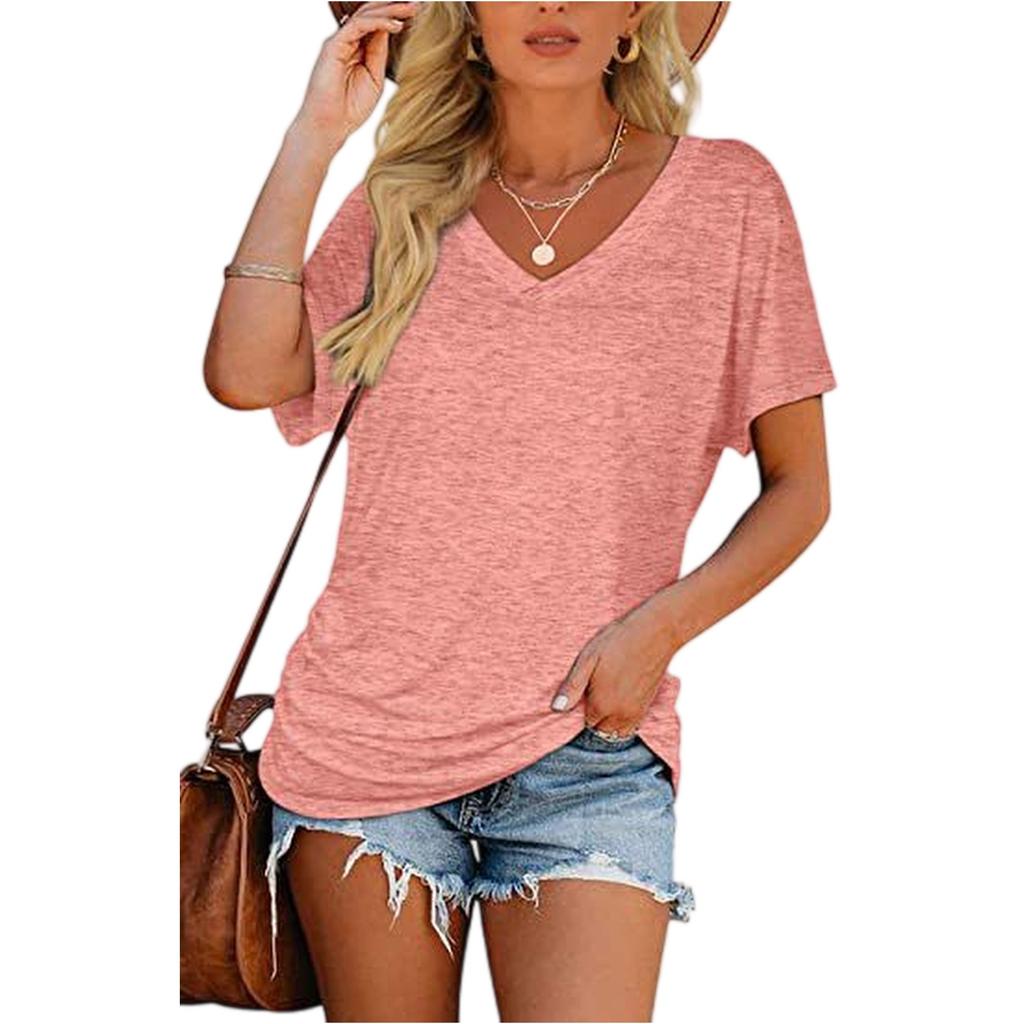 Damen Kurzarm V-Ausschnitt Oberteile mit seitlicher Raffung Bluse T-Shirt