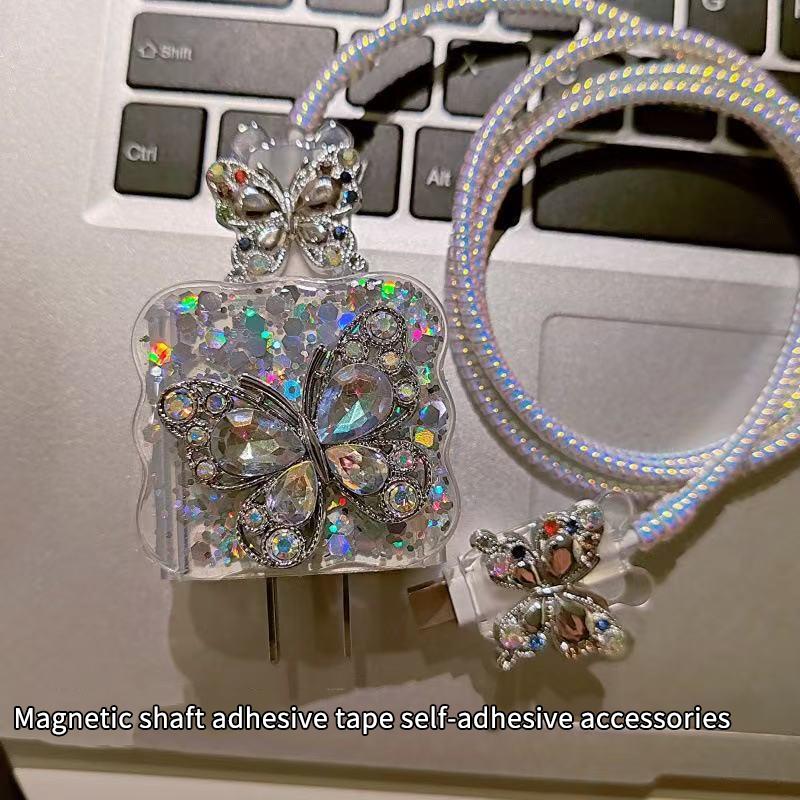 5Pcs Diamond Butterfly Charging Data Cable Protector Winder Accessories For 20W Fast Charger Protective Cases Cover Sleeve
